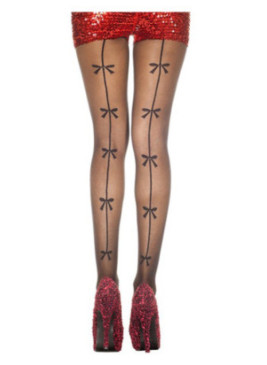 Collant noir fantaisie effet couture et grands noeuds - MH7183BLK